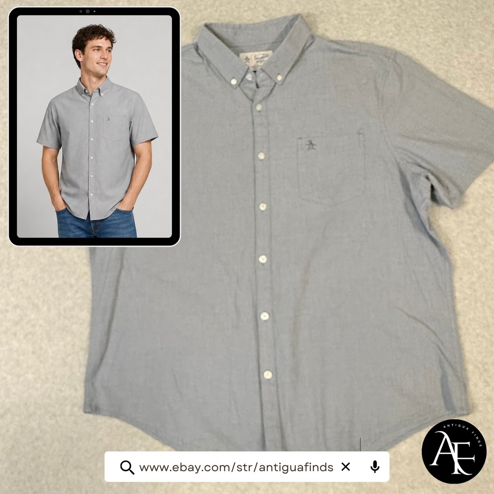 Original Penguin Mens XXL Short Sleeve Button Down Shirt Light Blue Logo Pocket